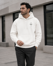 NORVEN Origin Essential Hoodie in warm white, styled with tailored trousers