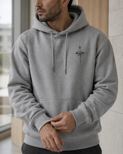 Detail view of the NORVEN Origin Essential Hoodie in grey