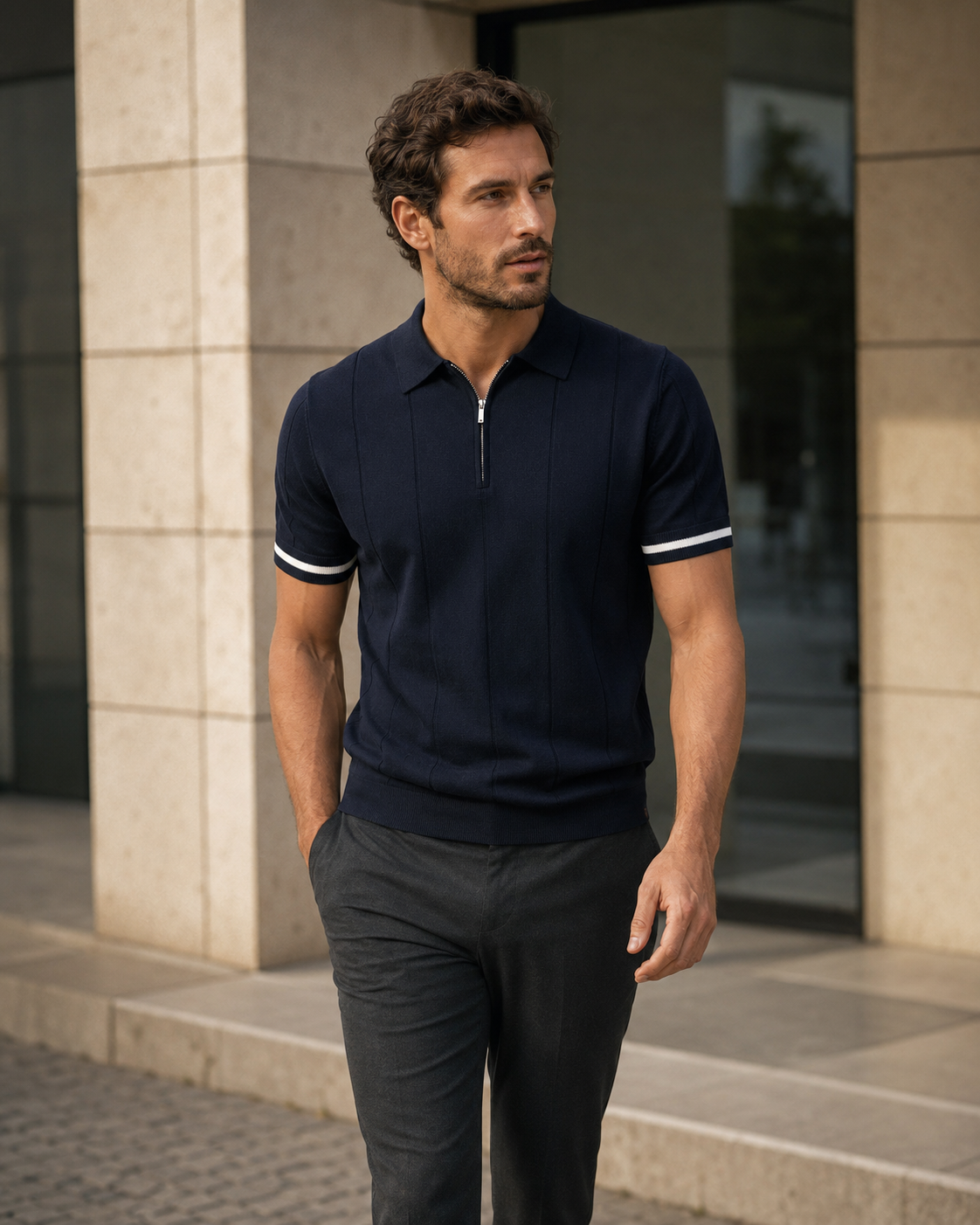 NORVEN Ascent Zip Polo in Deep Navy styled with charcoal tailored trousers