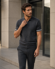 NORVEN Ascent Zip Polo in Dark Grey styled with charcoal tailored trousers