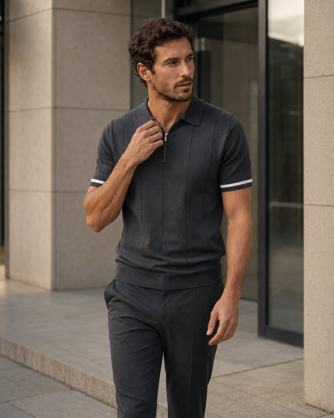 NORVEN Ascent Zip Polo in Dark Grey styled with charcoal tailored trousers