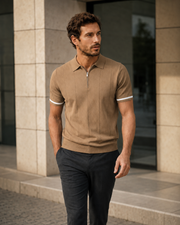 NORVEN Ascent Zip Polo in Camel styled with charcoal tailored trousers
