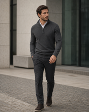 NORVEN Ascent Half-Zip Knit in Dark Grey styled with tailored trousers