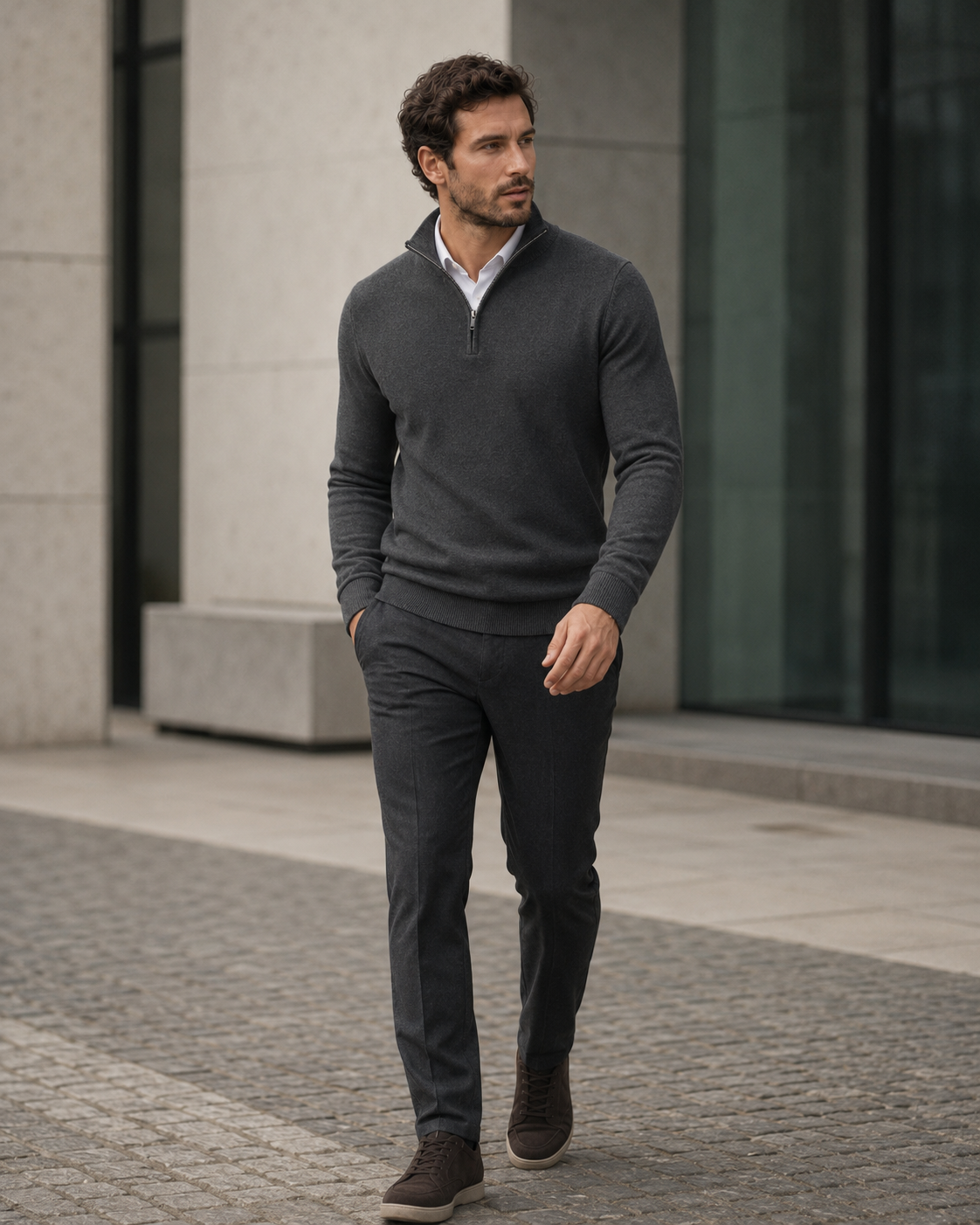 NORVEN Ascent Half-Zip Knit in Dark Grey styled with tailored trousers