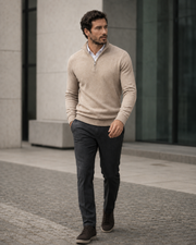 NORVEN Ascent Half-Zip Knit in Black styled with tailored trousers