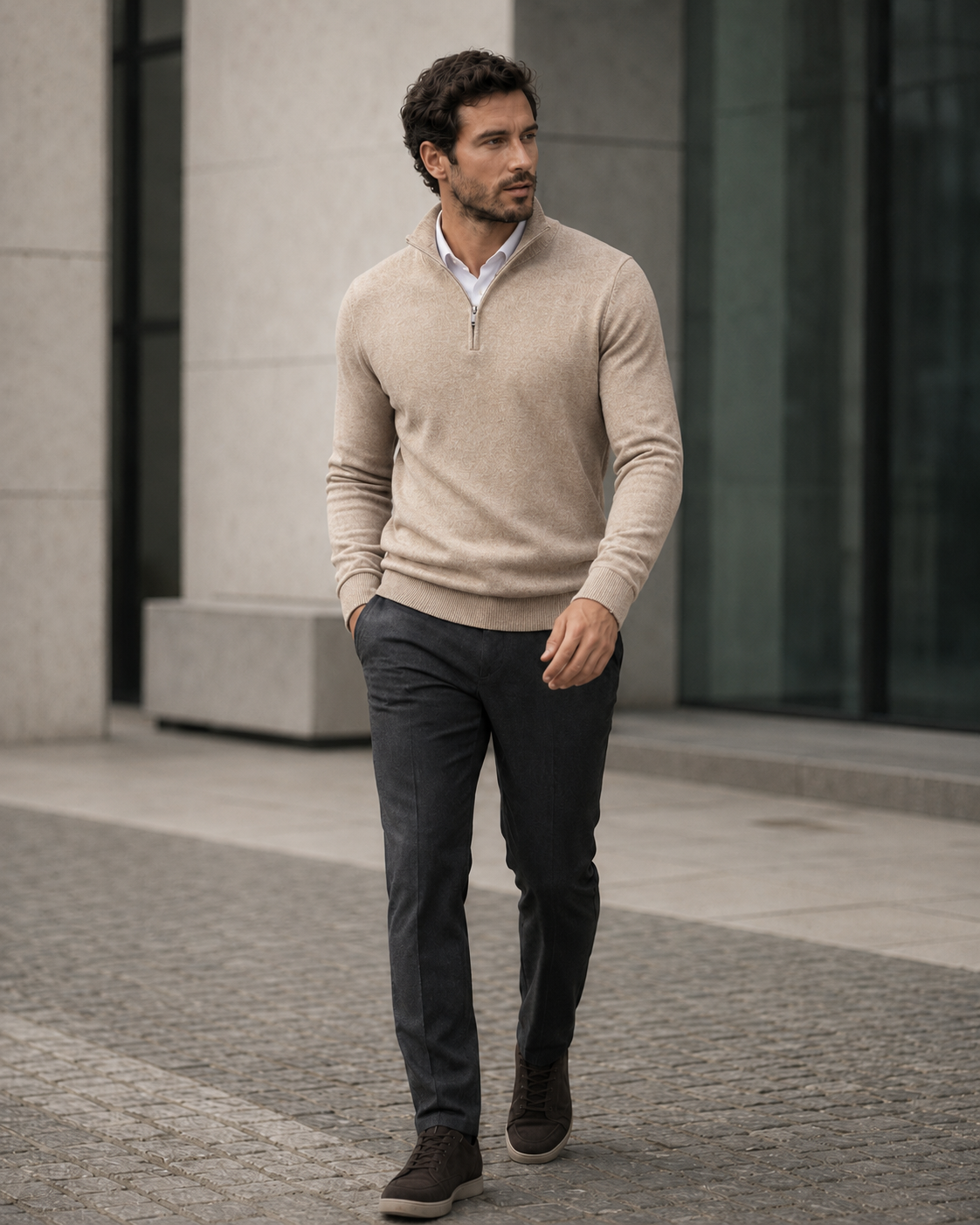 NORVEN Ascent Half-Zip Knit in Black styled with tailored trousers