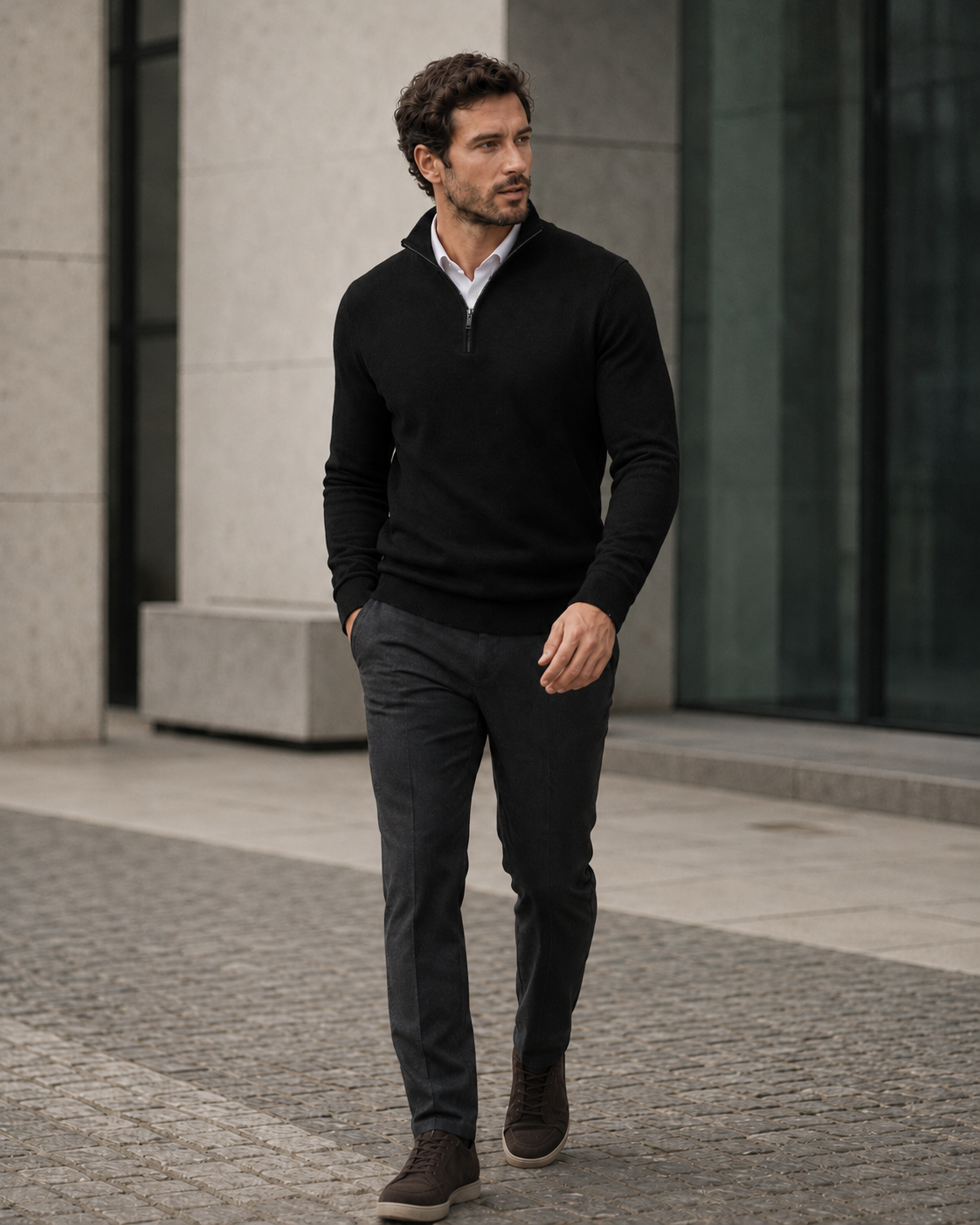 NORVEN Ascent Half-Zip Knit in Deep Navy styled with tailored trousers