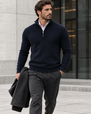 NORVEN Ascent Half-Zip Knit in Beige styled with tailored trousers