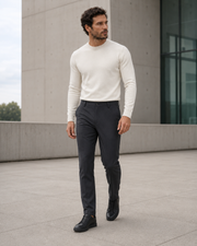 NORVEN Ascent Tailored Trouser in Charcoal styled with a Warm White fine-gauge crewneck