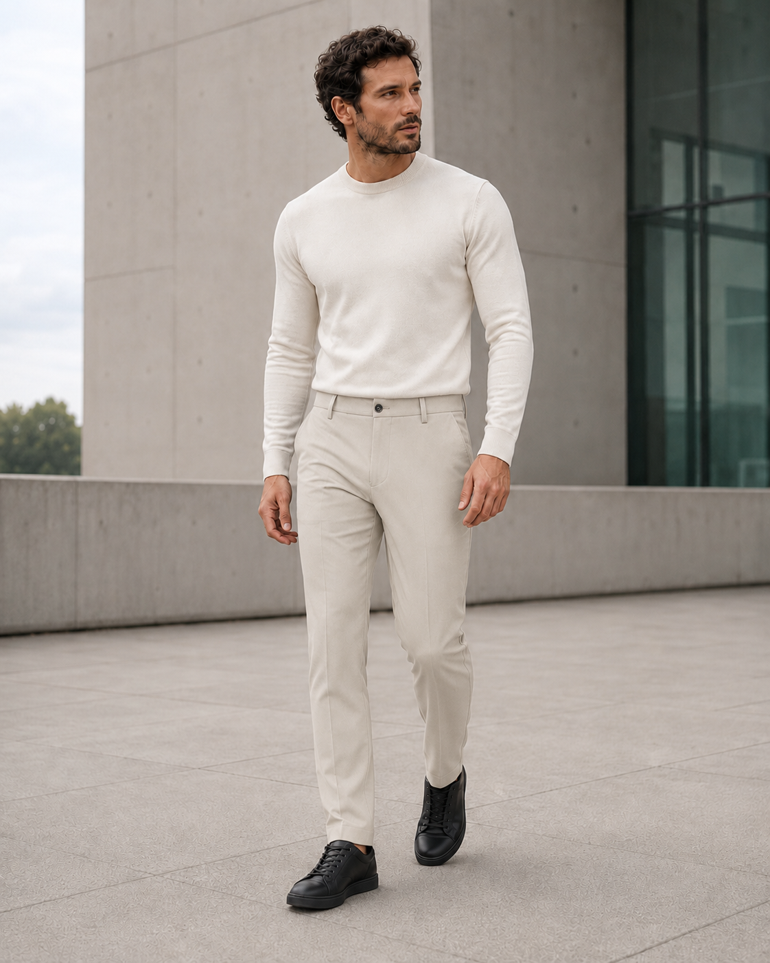 NORVEN Ascent Tailored Trouser in Stone styled with a Warm White fine-gauge crewneck