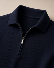 NORVEN Ascent Zip Polo in Deep Navy, collar and zipper construction