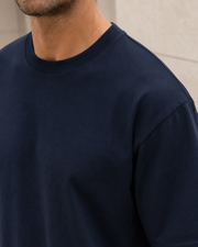 NORVEN Origin Heavyweight Tee in Deep Navy, neckline and shoulder construction