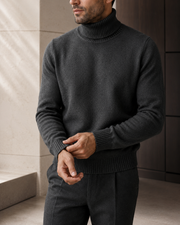 NORVEN Elevate Turtleneck Knit in Dark Grey, construction editorial