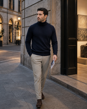 NORVEN Elevate Turtleneck Knit in Deep Navy, evening lifestyle