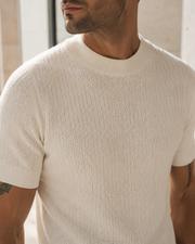 NORVEN Horizon Textured Knit Tee in Warm White, neckline and shoulder construction