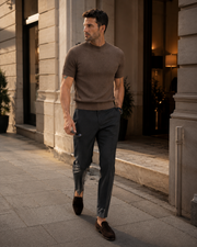 NORVEN Horizon Textured Knit Tee in Brown, late-afternoon lifestyle