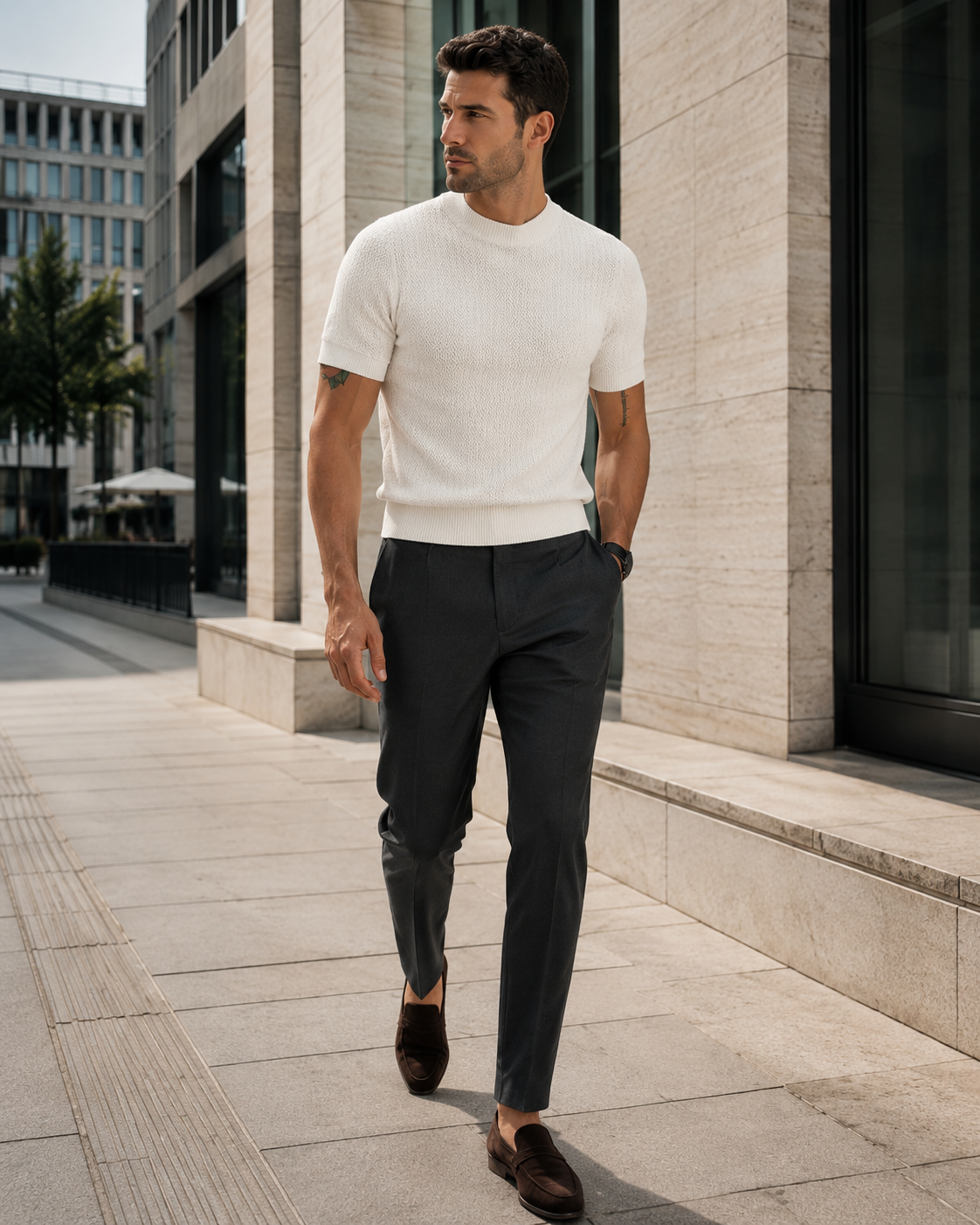 NORVEN Horizon Textured Knit Tee in Warm White, main editorial view