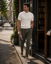 NORVEN Horizon Textured Knit Tee in Warm White, weekend styling