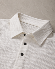 NORVEN Horizon Textured Polo in Warm White, collar and button-placket construction