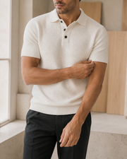 NORVEN Horizon Textured Polo in Warm White, construction editorial
