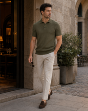 NORVEN Horizon Textured Polo in Olive, evening lifestyle