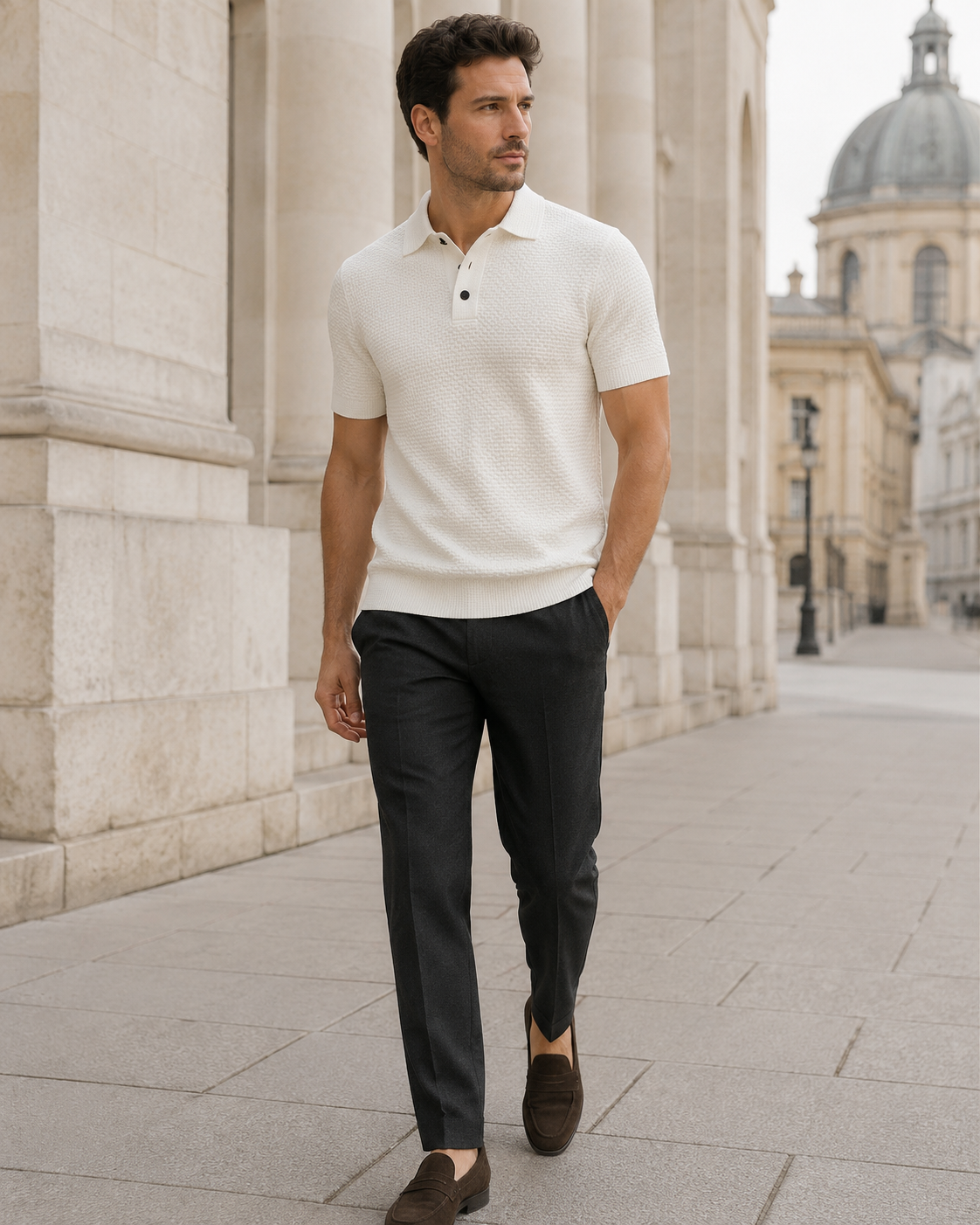 NORVEN Horizon Textured Polo in Warm White, main editorial view