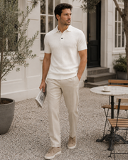 NORVEN Horizon Textured Polo in Warm White, weekend styling
